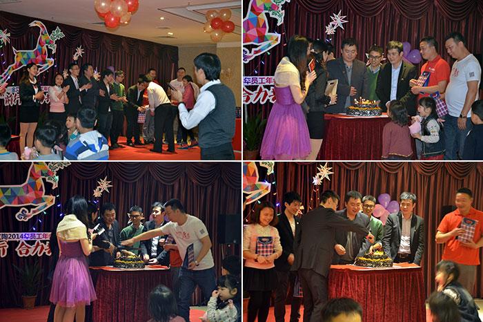 为生日的员工奉上蛋糕，董事长还为寿星们奉上优美礼物